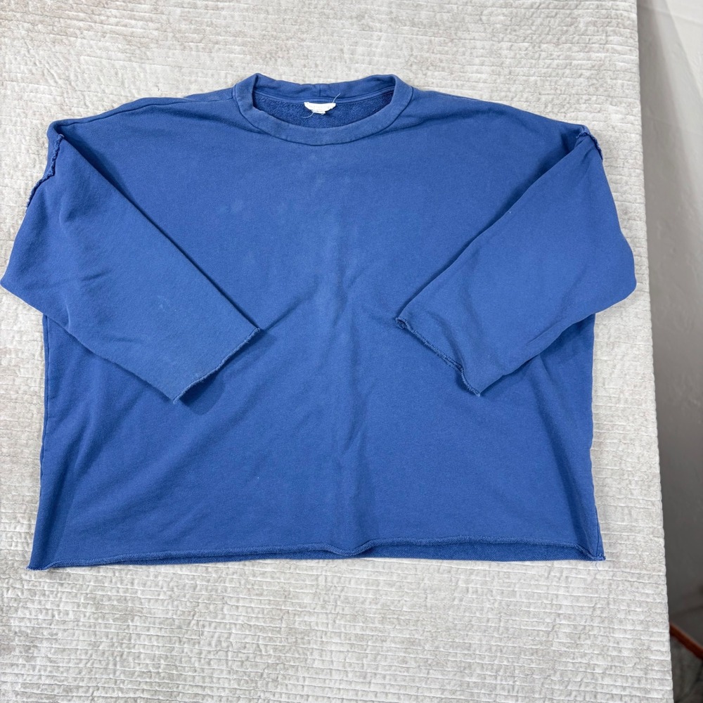 Eileen Fisher Blue Organic Cotton French Terry Boxy Sweatshirt Raw Hem XL